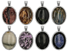 Multi-Stone appx 40x30mm Oval Shape Focal Pendant Set of 8 with Silver Tone Bail