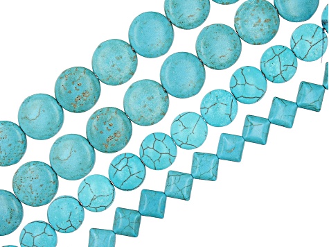 Blue Ceramic Flat Round & Square Shape Bead Strand Set of 4 appx 15-16"