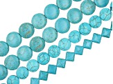 Blue Ceramic Flat Round & Square Shape Bead Strand Set of 4 appx 15-16"