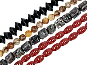 Black Agate, Larvikite, Carnelian & Multi-color Agate Bead Strand Set of 5 in 4 Shapes appx 14-15"
