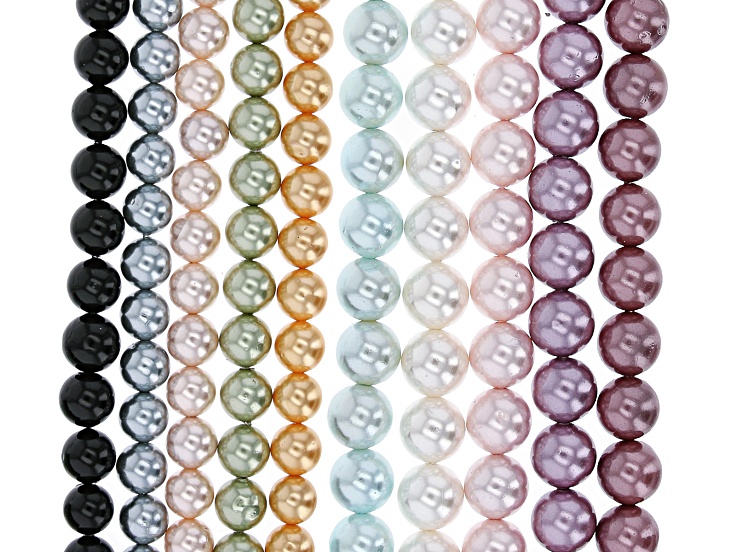 Shell Pearls appx 8mm Round Bead Strand Set of 10 in 10 Colors appx 14-15"