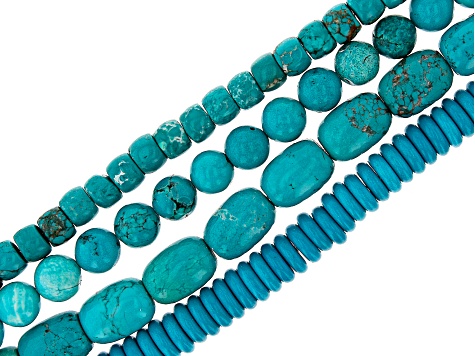 Blue Magnesite and Ceramic Round, Drum, Barrel and Rondelle Bead Strand Set of 4 appx 15-15.5"