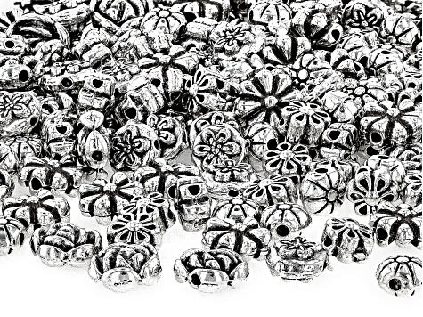 Antiqued Silver Tone in 5 Round Flower Styles Spacer Beads appx 200 Beads Total