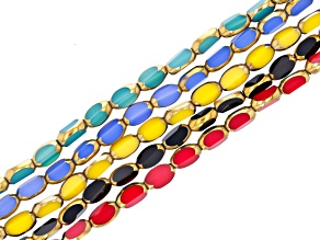 Primary Mix of Glass 6x4mm Oval Bead Strand Set of 5 with Gold Tone Framing