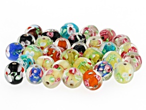 Lampwork Hand Made Glass Barrel Shaped Floral Beads with appx 1-2mm hole appx 32 Pieces in Total