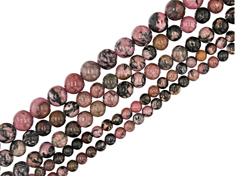 Rhodonite appx 4-8mm Round Bead Strand Set of 5 appx 14-15"