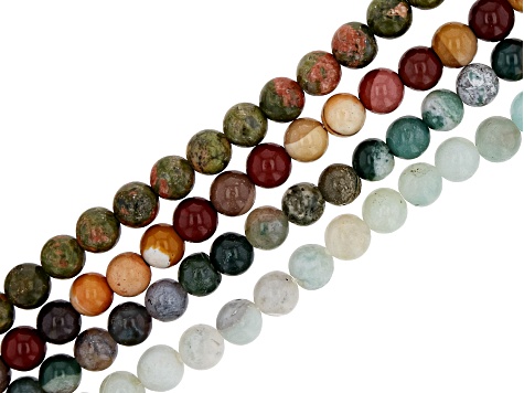 Multi-stone appx 6mm Round Bead Strand Set of 4 appx 13-14" in Length