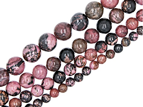 Rhodonite and Rhodonite in Quartz Appx 6-12mm Round Smooth Bead Strand Set of 4 Appx 14-15"