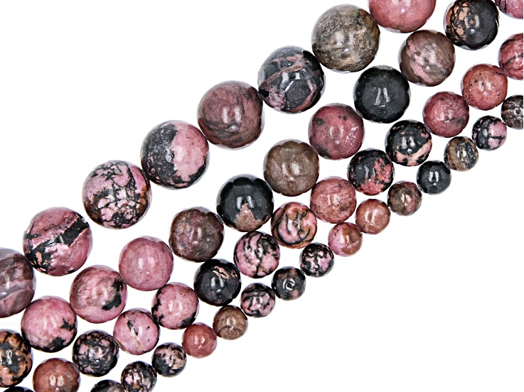 Rhodonite and Rhodonite in Quartz Appx 6-12mm Round Smooth Bead Strand Set of 4 Appx 14-15