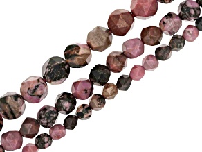 Rhodonite and Rhodonite in Quartz appx 6mm, 8mm, and 10mm Irregular Faceted Bead Strand Set of 3