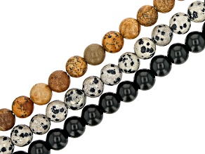 Picture Jasper, Dalmatian Stone & Black Obsidian 8.5mm Bead Strand with a Large Hole Set of 3