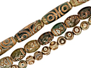 Green Tibetan Dzi Inspired Bead Strand Set of 3 in Assorted Shapes & Sizes