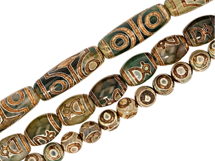 Green Tibetan Dzi Inspired Bead Strand Set of 3 in Assorted Shapes & Sizes