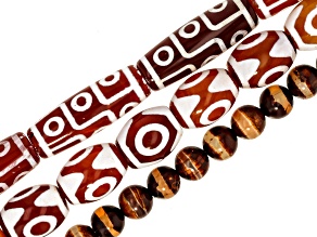 Brown & White Tibetan Dzi Inspired Bead Strand Set of 3 in Assorted Shapes & Sizes
