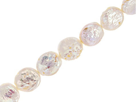 White Cultured Freshwater Pearl 9-10mm Coin Bead Strand Approximately 15-16" in Length