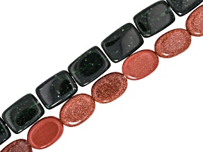 Green Goldstone 10x14mm Rectangle & Brown Goldstone 10x14mm Oval Bead Strands Set of 2
