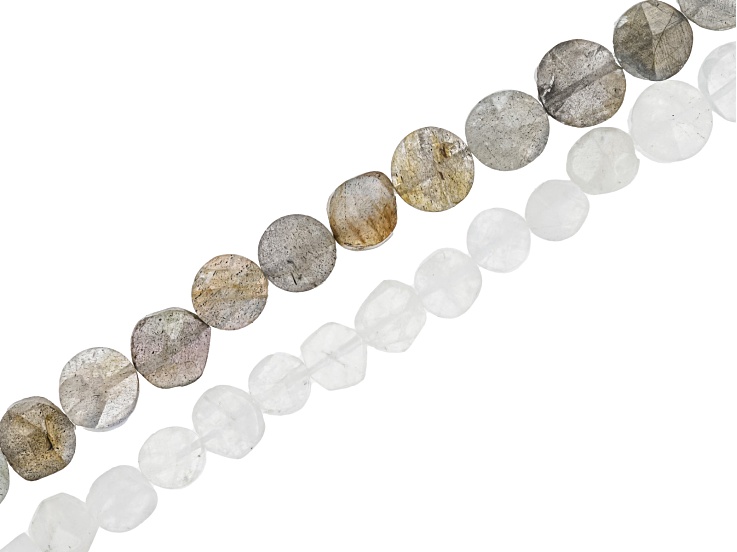 Labradorite & Rainbow Moonstone 5-8mm Faceted Coin Bead Strand Approximately 15" in Length Set of 2