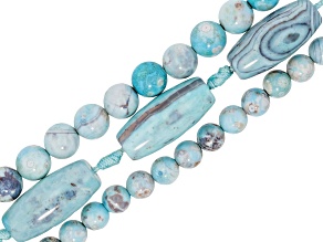 Blue Terra Agate 8mm & 10mm Round and 13x30mm Barrel Shape Bead Strand Set of 3