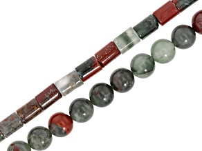 African Bloodstone & Agate Mix 8x6mm & 8mm Round Bead Strand Approximately 15" in Length Set of 2
