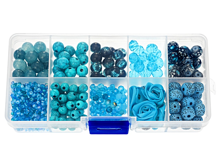 Blue Glass & Resin Beads in Assorted Shapes and Sizes Set of 255 with 10g of Seed Beads