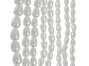 White Glass Pearl Assorted Size Teardrop Bead Strand Set of 8