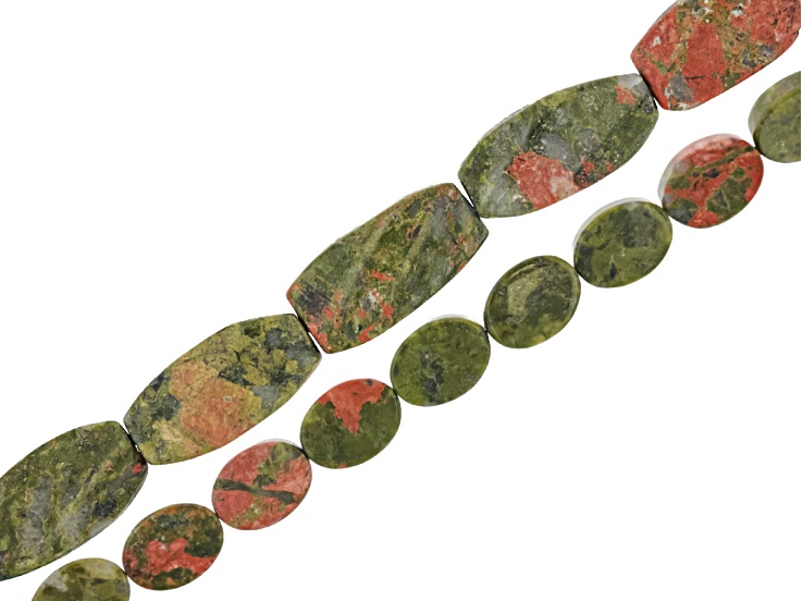 Unakite 15x30mm Swirl Rectangle & 12x16mm Oval Bead Strand Set of 2