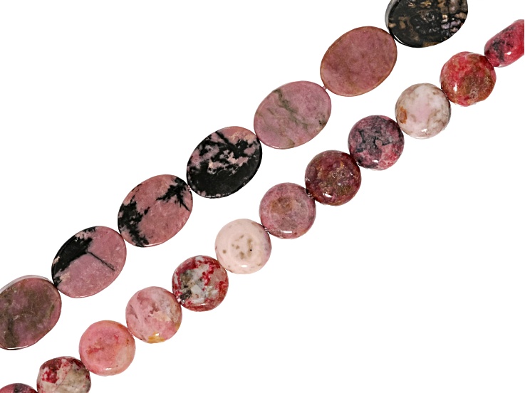 Rhodonite 12x16mm Oval Bead & 8mm Coin Bead Strand Set of 2