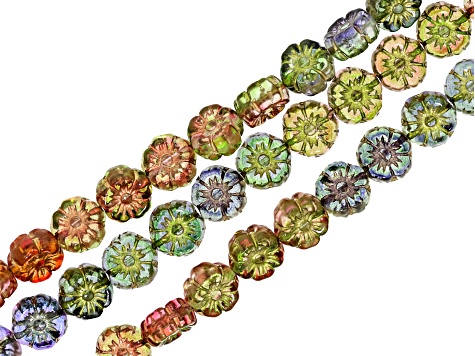 Multicolor Floral Czech Glass Table Cut Bead Strand Set of 3