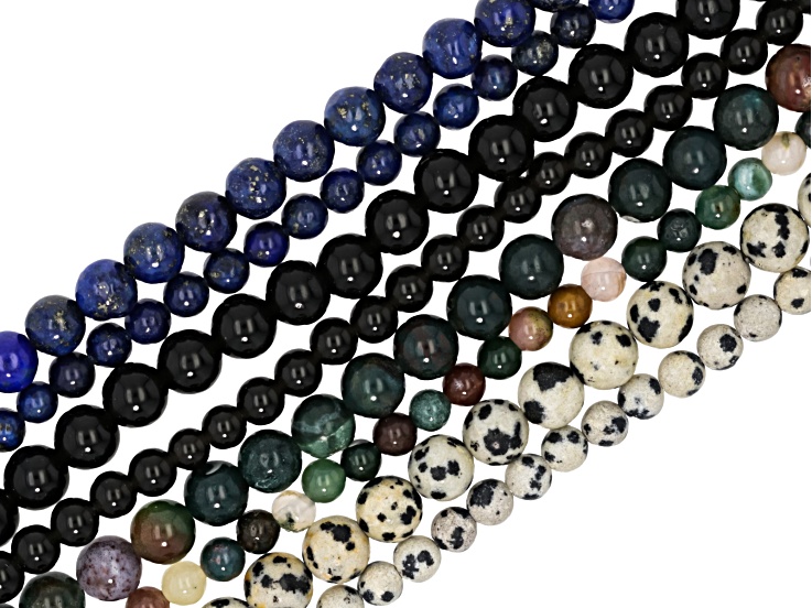 Lapis Lazuli, Black Obsidian, Indian Agate, & Dalmatian Jasper 4 & 6mm Round Bead Strand Set of 8