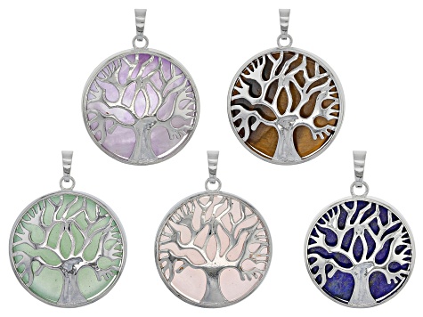 Tree Of Life Gemstone Pendant Set/5 in Silver Tone With Assorted Stones