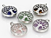 Tree Of Life Gemstone Pendant Set/5 in Silver Tone With Assorted Stones