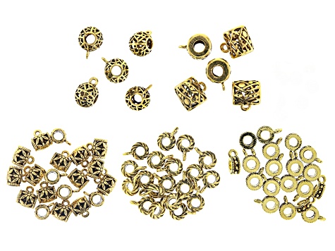 Bail Component Set Large Hole in 5 Styles in Antiqued Gold Tone appx 72 pieces total