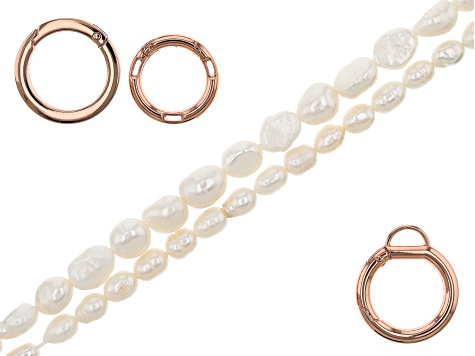 Rose Gold Tone Spring Ring Clasp set of 3 and White Cultured Freshwater Pearl Set of 2 Strands