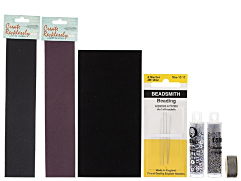 Leather Bracelet Making Supply Kit in Black/Wine incl Leather, Beads, Ultrasuede, Needle & Thread