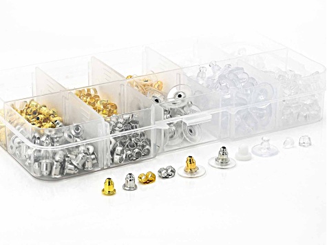 Brass and Silicone Earring Backs appx 540 pcs in total and Clear Plastic Organizer Container
