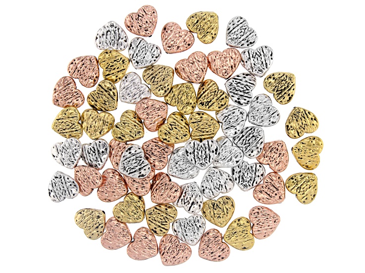 Striped Heart Spacer Bead Kit in Antiqued Silver, Gold, & Rose Gold Tone 60 Pieces Total