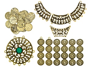 Filigree Component Kit in Antiqued Gold Tone with Emerald Color Accent Cabochon 29 Pieces Total