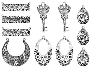 Indonesian Inspired Focal Set in 5 Designs in Antiqued Silver Tone 11 Pieces Total