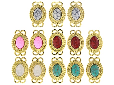 Multi Color Oval Glass Connectors in Gold Tone Set of 13