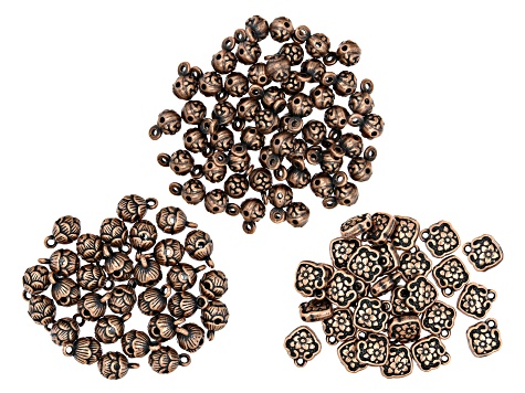 Bead with Jump Ring Kit in 3 Styles in Antiqued Copper Tone Appx 110 Pieces Total
