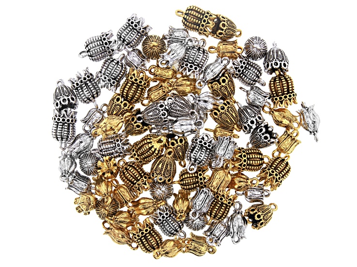 Filigree End Cap Kit in 4 Designs in Antiqued Silver and Antiqued Gold Tones Appx 80 Pieces Total