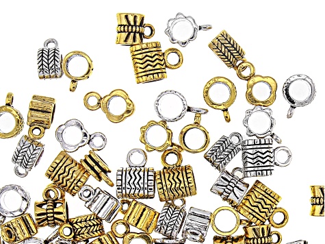Fancy Metal Bail Kit with Large Hole in 5 Styles in Antique Silver & Gold Tone 150 Pieces Total
