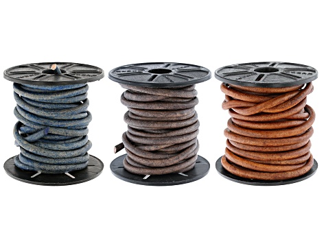 Round Leather Cord Appx 4mm Set of 3 in Natural Light Brown, Natural Blue, and Natural Gray Appx 15M