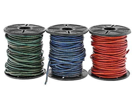 Round Leather Cord Appx 1.5mm Set of 3 in Natural Turquoise, Natural Blue, and Natural Red Appx 30M