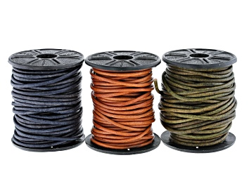 Picture of Round Leather Cord Appx 2mm Set of 3 in Natural Pacific, Dark Green and Light Brown Appx 30M