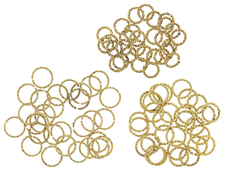 Designer Diamond Cut Jump Rings Kit in 3 Sizes in Gold Tone Appx 90 Pieces Total