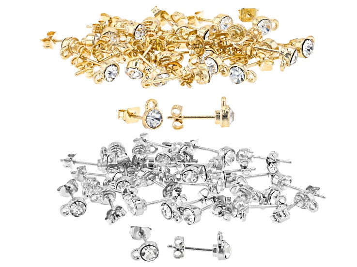 Crystal Stud Post Back Earring Findings with Jump Ring in Silver Tone and Gold Tone Appx 30 Pairs