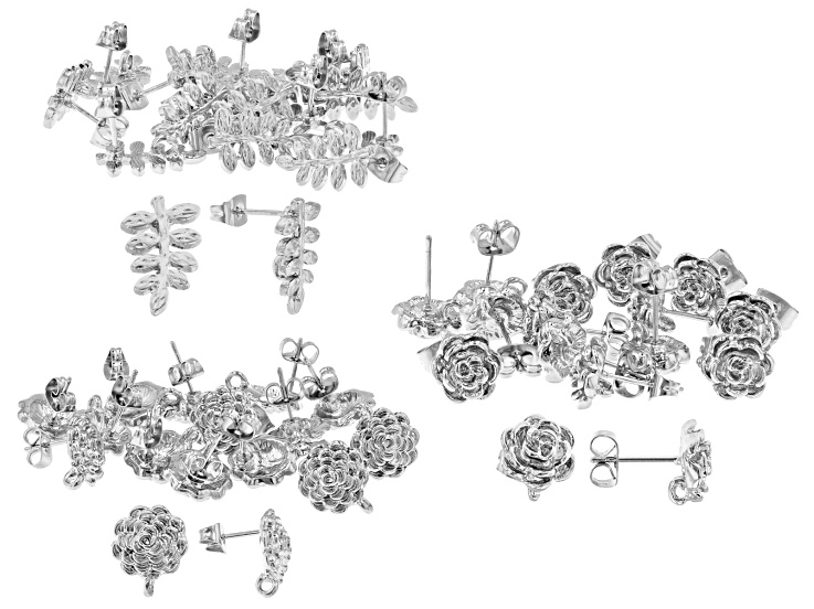 Flower Inspired Stud Earring Findings with Jump Ring in Silver Tone Appx 24 Pairs