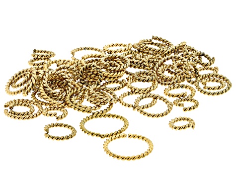 18 Karat Gold over Stainless Steel Rope Textured Jump Rings in 4 Sizes Appx 70 Pieces Total