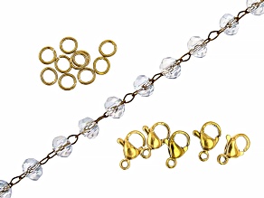 18K Gold Over Stainless Steel Chain appx 3M with Crystal Glass Beads & Findings appx 16 Pieces Total